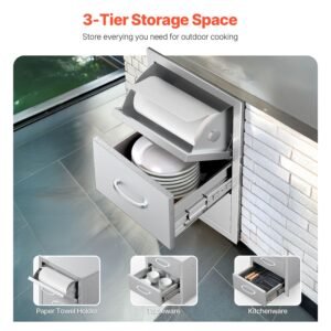 outdoor kitchen drawers, 16.5"w x 29"h x 20.5"d triple access drawers, stainless steel flush mount cabinets, bbq island drawers storage with paper towel holder & handle, for patio grill station
