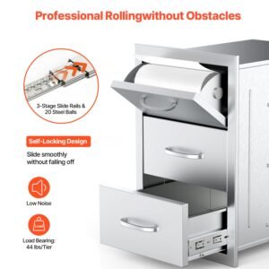 outdoor kitchen drawers, 16.5"w x 29"h x 20.5"d triple access drawers, stainless steel flush mount cabinets, bbq island drawers storage with paper towel holder & handle, for patio grill station