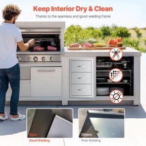 outdoor kitchen drawers, 16.5"w x 29"h x 20.5"d triple access drawers, stainless steel flush mount cabinets, bbq island drawers storage with paper towel holder & handle, for patio grill station