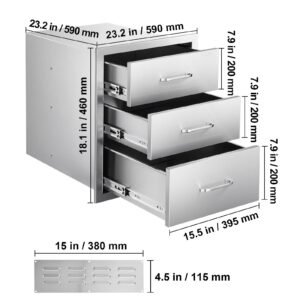 outdoor kitchen drawers 18.11"w x 23.23"d x 23.23"h, triple access stainless steel bbq drawers with handles, bbq island drawer for outdoor kitchens or barbeque island patio grill station