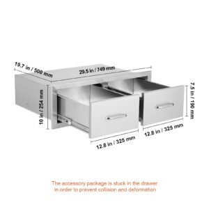 outdoor kitchen drawers 30" w x 10" h x 20" d, horizontal double bbq access drawers stainless steel with handle, bbq island drawers for outdoor kitchens or patio grill station