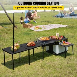 outdoor mobile kitchen, portable multifunctional camp box with wheels all in one integrated cooking station with windproof stove, folding tables storage organizer, black