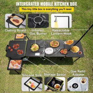 outdoor mobile kitchen, portable multifunctional camp box with wheels all in one integrated cooking station with windproof stove, folding tables storage organizer, black