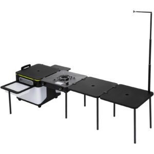 Outdoor Mobile Kitchen, Portable Multifunctional Camp Box with Wheels All in One Integrated Cooking Station with Windproof Stove, Folding Tables Storage Organizer, Black