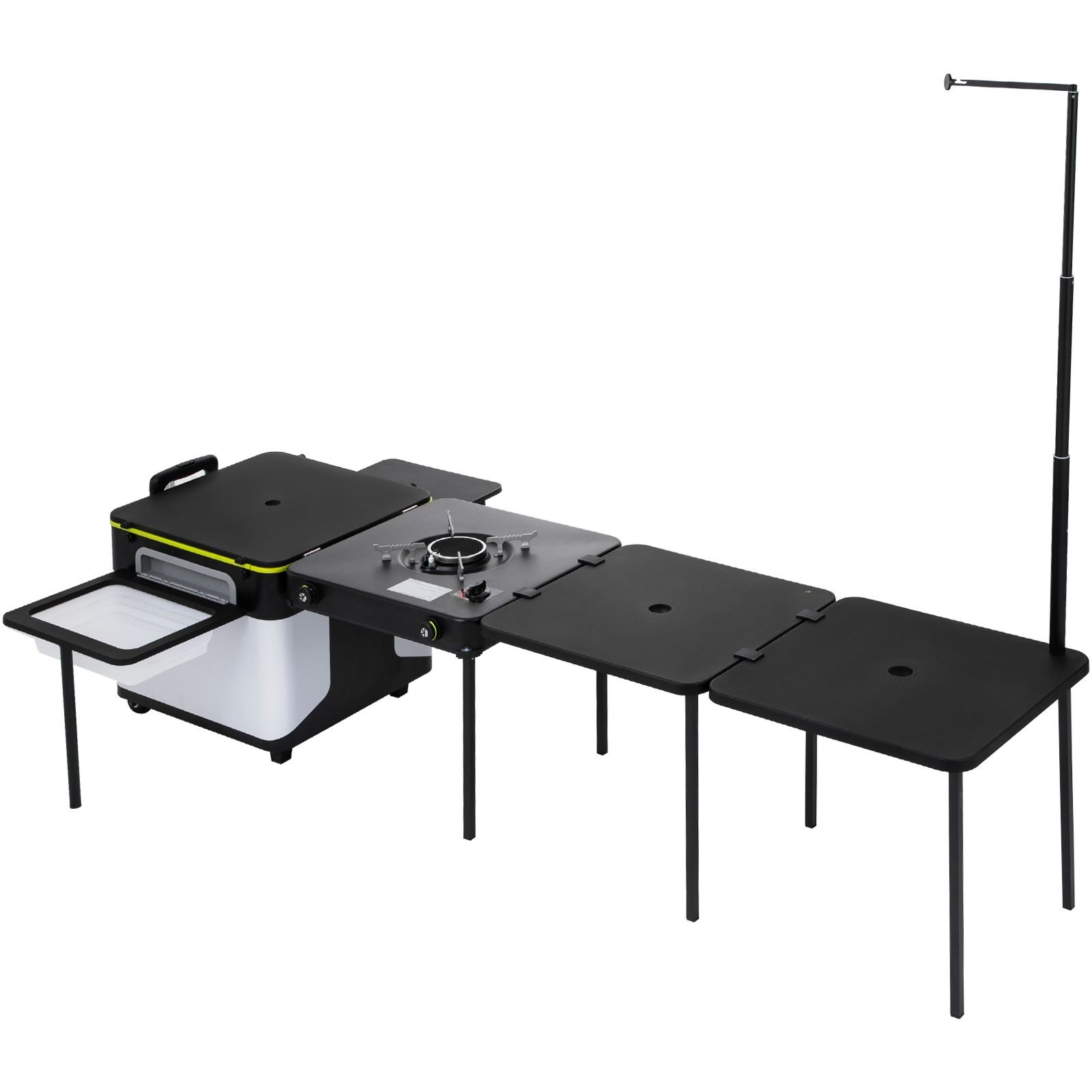 outdoor mobile kitchen, portable multifunctional camp box with wheels all in one integrated cooking station with windproof stove, folding tables storage organizer, black
