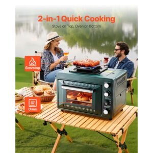 outdoor oven, 2 in 1 portable gas camping stove oven combo, adjustable fire, 60 minute timer, windproof, with grill shelf and roasting tray, for camping gear backyard picnic outdoor cooking