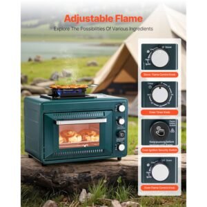 outdoor oven, 2 in 1 portable gas camping stove oven combo, adjustable fire, 60 minute timer, windproof, with grill shelf and roasting tray, for camping gear backyard picnic outdoor cooking