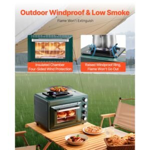 outdoor oven, 2 in 1 portable gas camping stove oven combo, adjustable fire, 60 minute timer, windproof, with grill shelf and roasting tray, for camping gear backyard picnic outdoor cooking