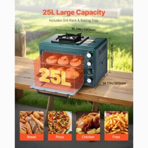 outdoor oven, 2 in 1 portable gas camping stove oven combo, adjustable fire, 60 minute timer, windproof, with grill shelf and roasting tray, for camping gear backyard picnic outdoor cooking