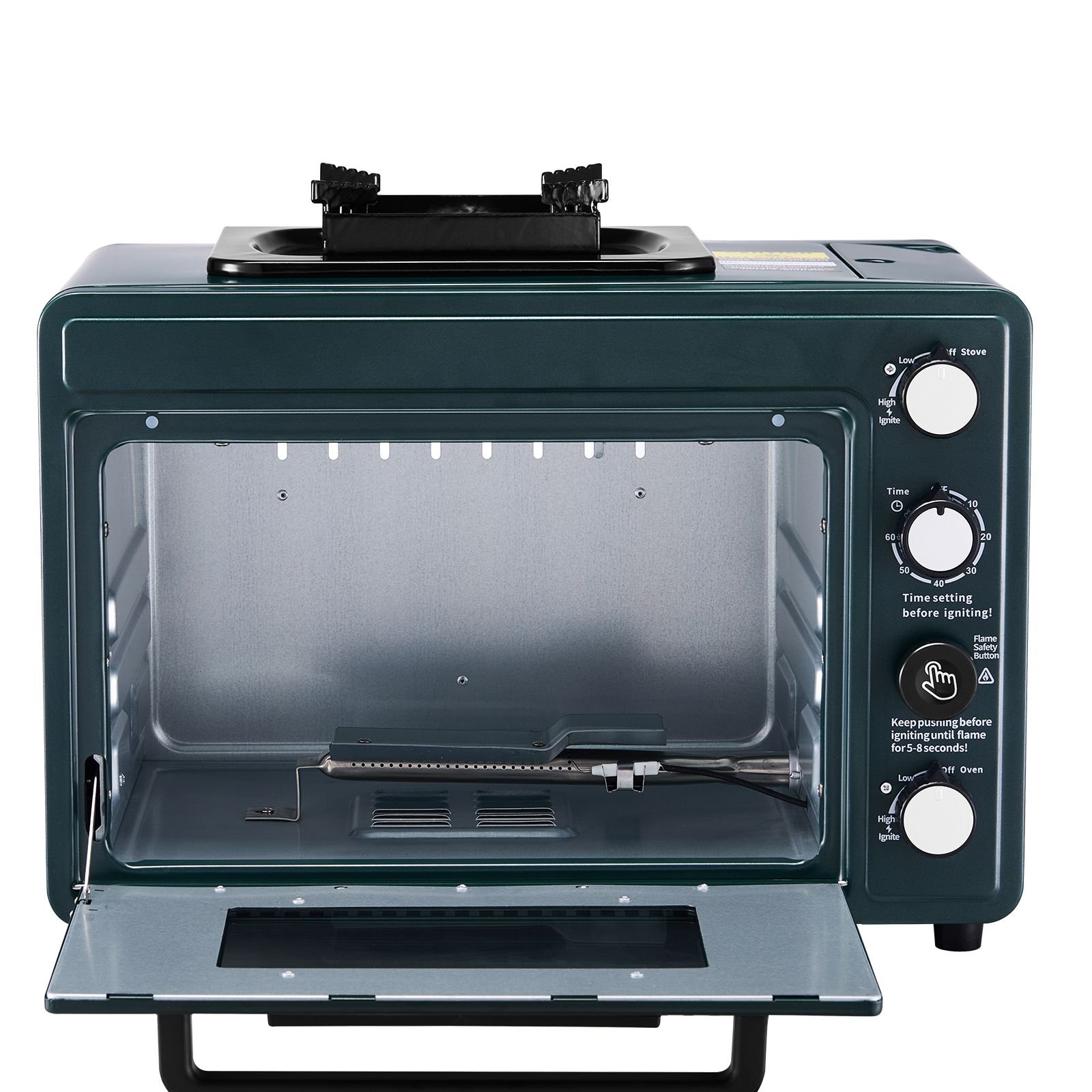 outdoor oven, 2 in 1 portable gas camping stove oven combo, adjustable fire, 60 minute timer, windproof, with grill shelf and roasting tray, for camping gear backyard picnic outdoor cooking