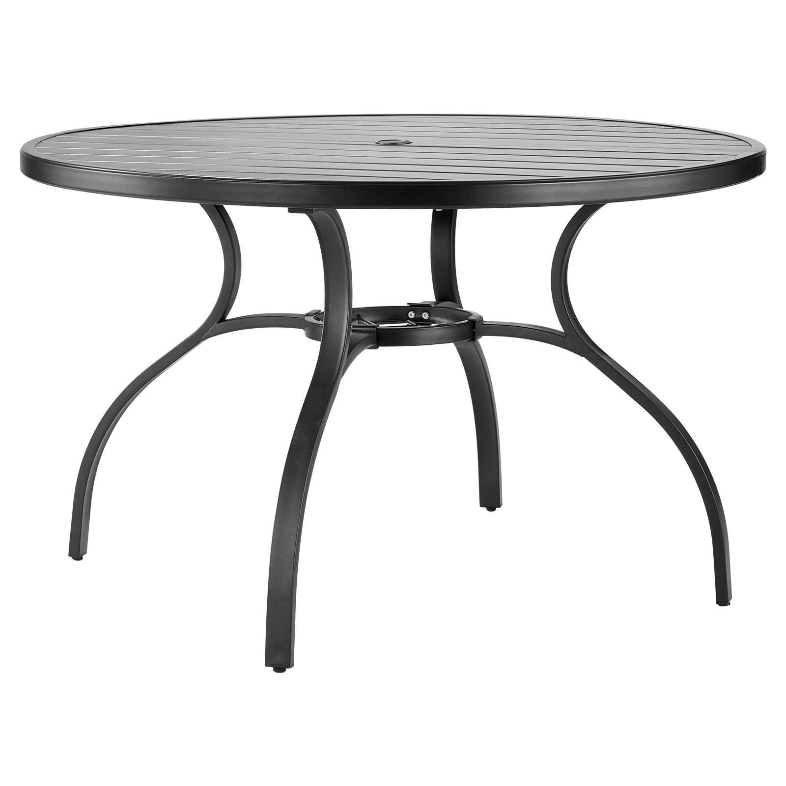 outdoor patio dining table, 47 inch round metal steel slat backyard bistro tables, with 1.5 in umbrella hole, outside all weather large furniture for lawn garden porch, black