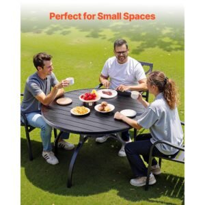 outdoor patio dining table, 47 inch round metal steel slat backyard bistro tables, with 1.5 in umbrella hole, outside all weather large furniture for lawn garden porch, black