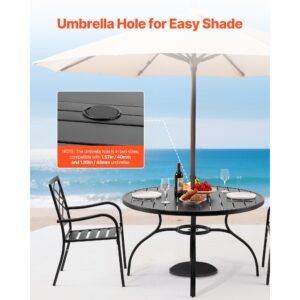 outdoor patio dining table, 47 inch round metal steel slat backyard bistro tables, with 1.5 in umbrella hole, outside all weather large furniture for lawn garden porch, black