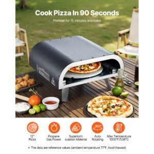 outdoor pizza oven, 12 in propane gas pizza maker, portable pizza cooker with electric rotation, thickened pizza stone, carry bag, propane pizza oven for outside backyard patio camping, black
