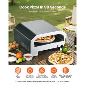 outdoor pizza oven, 16 in propane gas pizza maker, portable pizza cooker with electric rotation, thickened pizza stone, carry bag, propane pizza oven for outside backyard patio camping, black