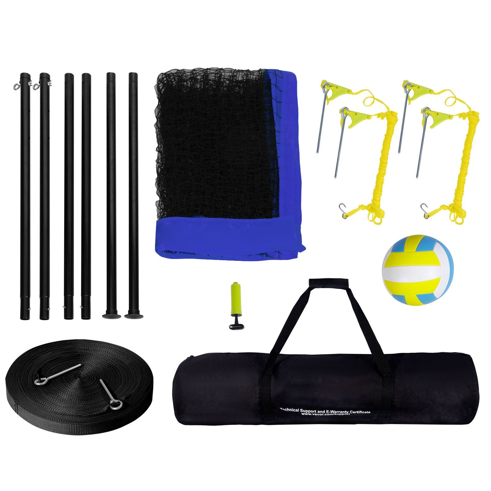 outdoor portable volleyball net system, adjustable height steel poles, professional volleyball set with pvc volleyball, pump, carrying bag, heavy duty volleyball net for backyard, beach, lawn