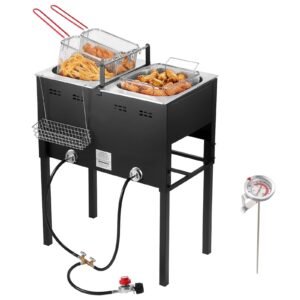 Outdoor Propane Deep Fryer, Dual-Tank 16QTx2 Large Capacity Commercial Fryer, Stainless Steel Fish Cooker with 3 Basket, Thermometer, Floor Standing Fryers for Catering Event Camping, 50,000 BTU
