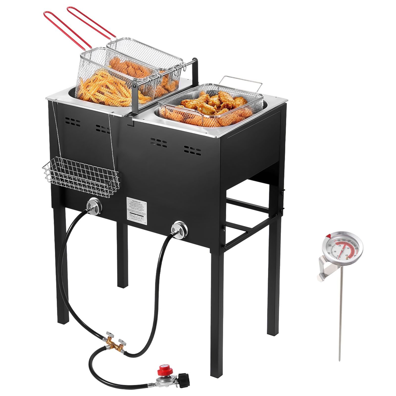 outdoor propane deep fryer, dual tank 16qtx2 large capacity commercial fryer, stainless steel fish cooker with 3 basket, thermometer, floor standing fryers for catering event camping, 50,000 btu