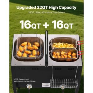 outdoor propane deep fryer, dual tank 16qtx2 large capacity commercial fryer, stainless steel fish cooker with 3 basket, thermometer, floor standing fryers for catering event camping, 50,000 btu
