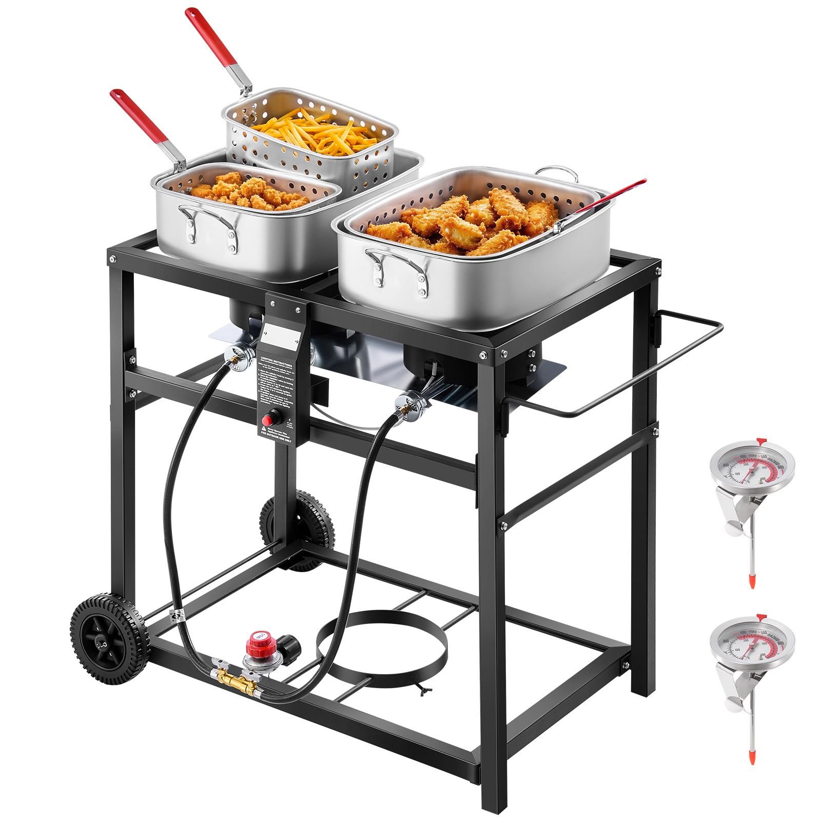 outdoor propane deep fryer, dual tank 18qtx2 commercial fryer, multi purpose portable frying cart with wheel, 3 basket, 2 thermometer, stainless steel cooker for fish fry wings fries, 40,000 btu