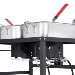 outdoor propane deep fryer, dual tank 18qtx2 commercial fryer, multi purpose portable frying cart with wheel, 3 basket, 2 thermometer, stainless steel cooker for fish fry wings fries, 40,000 btu