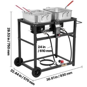 outdoor propane deep fryer, dual tank 18qtx2 commercial fryer, multi purpose portable frying cart with wheel, 3 basket, 2 thermometer, stainless steel cooker for fish fry wings fries, 40,000 btu