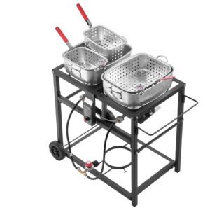 outdoor propane deep fryer, dual tank 18qtx2 commercial fryer, multi purpose portable frying cart with wheel, 3 basket, 2 thermometer, stainless steel cooker for fish fry wings fries, 40,000 btu