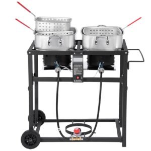 outdoor propane deep fryer, dual tank 18qtx2 commercial fryer, multi purpose portable frying cart with wheel, 3 basket, 2 thermometer, stainless steel cooker for fish fry wings fries, 40,000 btu