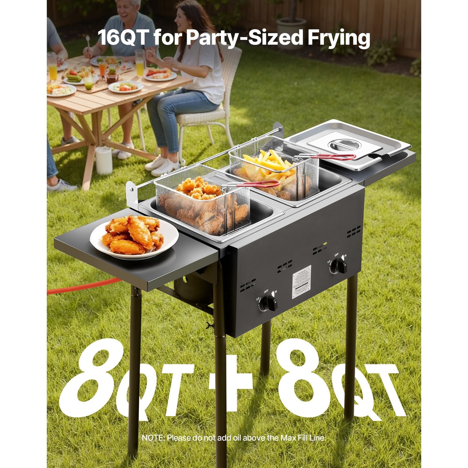 outdoor propane deep fryer, dual tank 8qtx2 commercial fryer, stainless steel cooker with foldable platform, dual basket, and heat adjustment, floor standing fryers for restaurant home snack bar