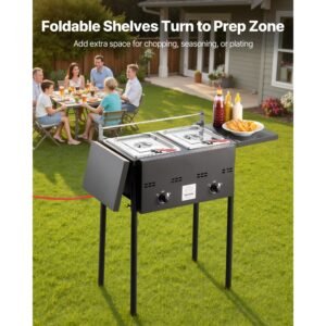 outdoor propane deep fryer, dual tank 8qtx2 commercial fryer, stainless steel cooker with foldable platform, dual basket, and heat adjustment, floor standing fryers for restaurant home snack bar