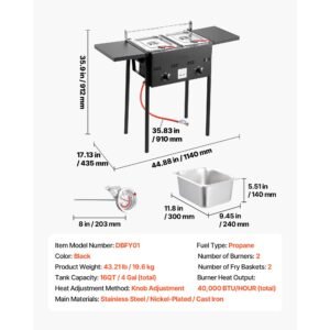 outdoor propane deep fryer, dual tank 8qtx2 commercial fryer, stainless steel cooker with foldable platform, dual basket, and heat adjustment, floor standing fryers for restaurant home snack bar