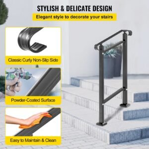 outdoor stair railing, fit 1 or 2 steps wrought iron handrail, adjustable front porch hand railings, black transitional hand rail for concrete steps or wooden stairs with installation kit