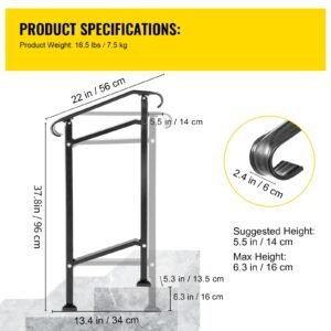 outdoor stair railing, fit 1 or 2 steps wrought iron handrail, adjustable front porch hand railings, black transitional hand rail for concrete steps or wooden stairs with installation kit