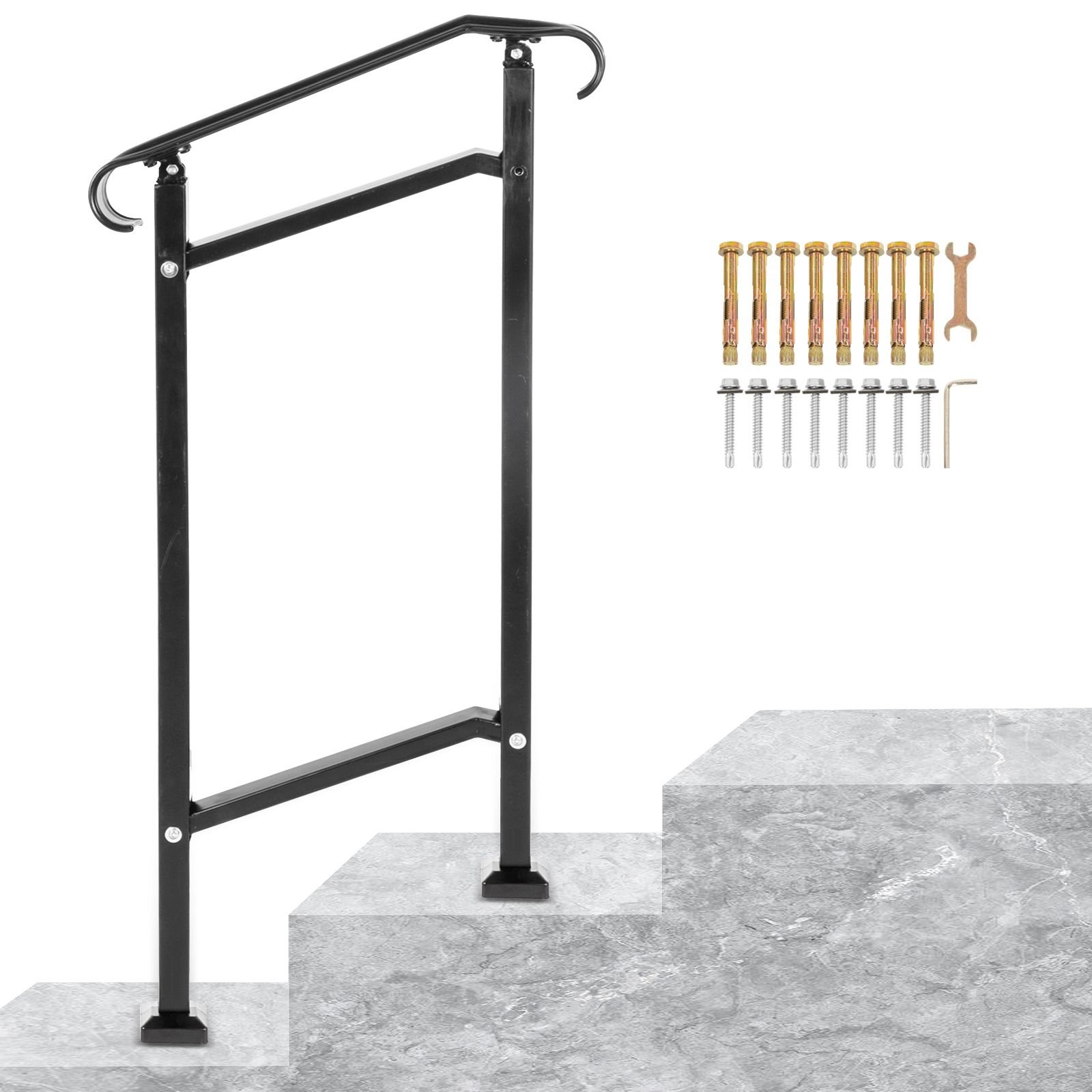 outdoor stair railing, fit 1 or 2 steps wrought iron handrail, adjustable front porch hand railings, black transitional hand rail for concrete steps or wooden stairs with installation kit