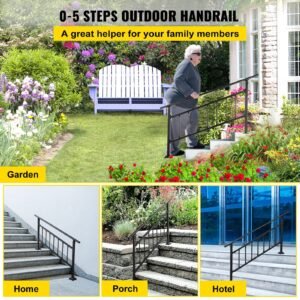 outdoor stair railing, fits for 1 5 steps transitional wrought iron handrail, adjustable exterior stair railing with fence, handrails for concrete steps with installation kit, matte black