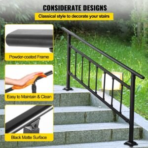 outdoor stair railing, fits for 1 5 steps transitional wrought iron handrail, adjustable exterior stair railing with fence, handrails for concrete steps with installation kit, matte black