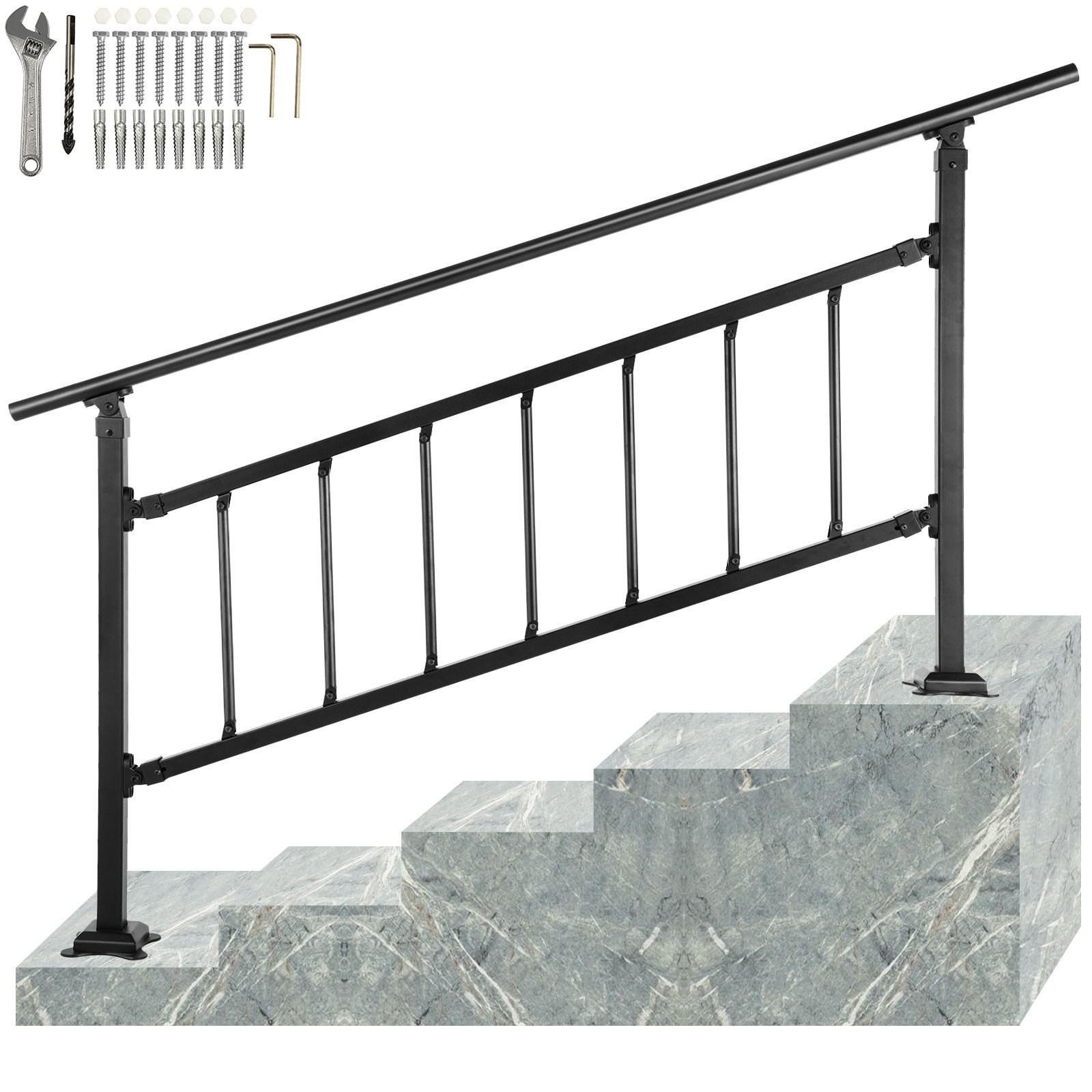 outdoor stair railing, fits for 1 5 steps transitional wrought iron handrail, adjustable exterior stair railing with fence, handrails for concrete steps with installation kit, matte black