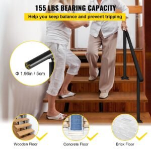 outdoor stair railing kit, 5 ft handrails 0 5 steps, adjustable angle black aluminum stair hand rail for the elderly, handrails for indoor & outdoor steps