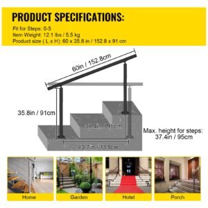 outdoor stair railing kit, 5 ft handrails 0 5 steps, adjustable angle black aluminum stair hand rail for the elderly, handrails for indoor & outdoor steps