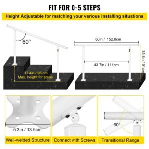 outdoor stair railing kit, 5 ft handrails 0 5 steps, adjustable angle white aluminum stair hand rail for the elderly, handrails for outdoor steps