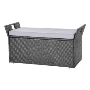 outdoor storage bench, 2 person pe rattan storage bench, 40 gal deck box with cushion & side handle, supports up to 400 lbs, weatherproof outdoor seating & porch decor for patio garden balcony