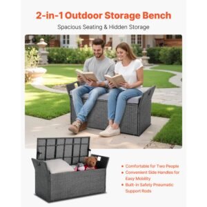 outdoor storage bench, 2 person pe rattan storage bench, 40 gal deck box with cushion & side handle, supports up to 400 lbs, weatherproof outdoor seating & porch decor for patio garden balcony