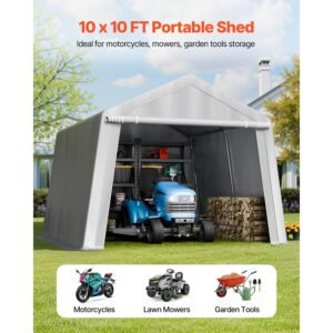 outdoor storage shed, 10 x 10 ft portable storage tent with roll up door, waterproof canopy shed shelter, heavy duty frame, patio garage carport for motorcycle, lawn mower, bike, grey