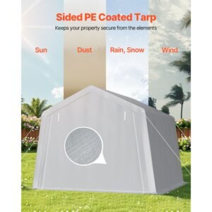outdoor storage shed, 10 x 10 ft portable storage tent with roll up door, waterproof canopy shed shelter, heavy duty frame, patio garage carport for motorcycle, lawn mower, bike, grey