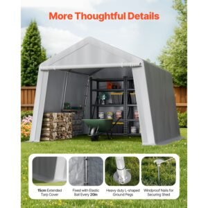 outdoor storage shed, 10 x 10 ft portable storage tent with roll up door, waterproof canopy shed shelter, heavy duty frame, patio garage carport for motorcycle, lawn mower, bike, grey