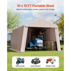 outdoor storage shed, 10 x 15 ft portable storage tent with roll up door, waterproof canopy shed shelter, heavy duty frame, patio garage carport for motorcycle, lawn mower, bike, beige