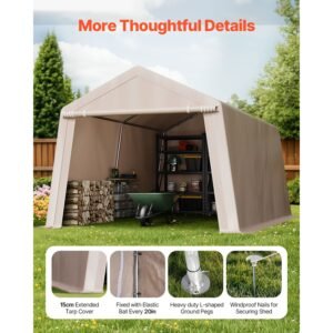 outdoor storage shed, 10 x 15 ft portable storage tent with roll up door, waterproof canopy shed shelter, heavy duty frame, patio garage carport for motorcycle, lawn mower, bike, beige