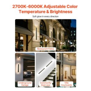 outdoor wall lights, 2 pack, 23.6 inch long strip modern exterior wall sconce light fixtures, 2700k 6000k, ip65 waterproof anti rust, dimmable outside wall mount lighting, for house porch garage