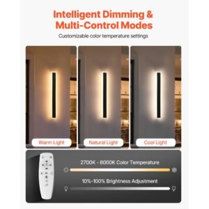 outdoor wall lights, 2 pack, 23.6 inch long strip modern exterior wall sconce light fixtures, 2700k 6000k, ip65 waterproof anti rust, dimmable outside wall mount lighting, for house porch garage