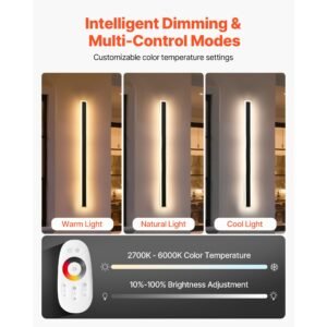 outdoor wall lights, 2 pack, 39.4 inch long rgb modern exterior wall sconce light fixtures, 2700k 6000k, ip65 waterproof anti rust, dimmable outside wall mount lighting, for house porch garage